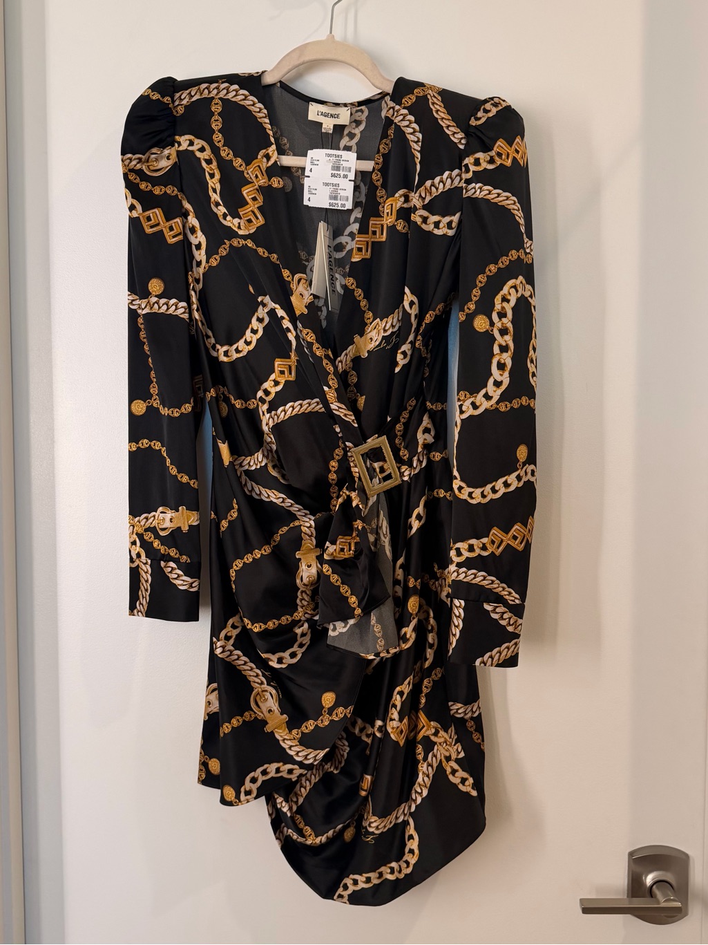 L'agence Black And Gold Chain-Print Long Sleeve Wrap Dress